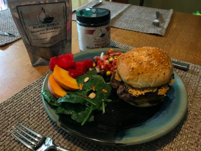 BLACK GARLIC BURGERS W/ PARM CRISPS & GRILLED PINEAPPLE
