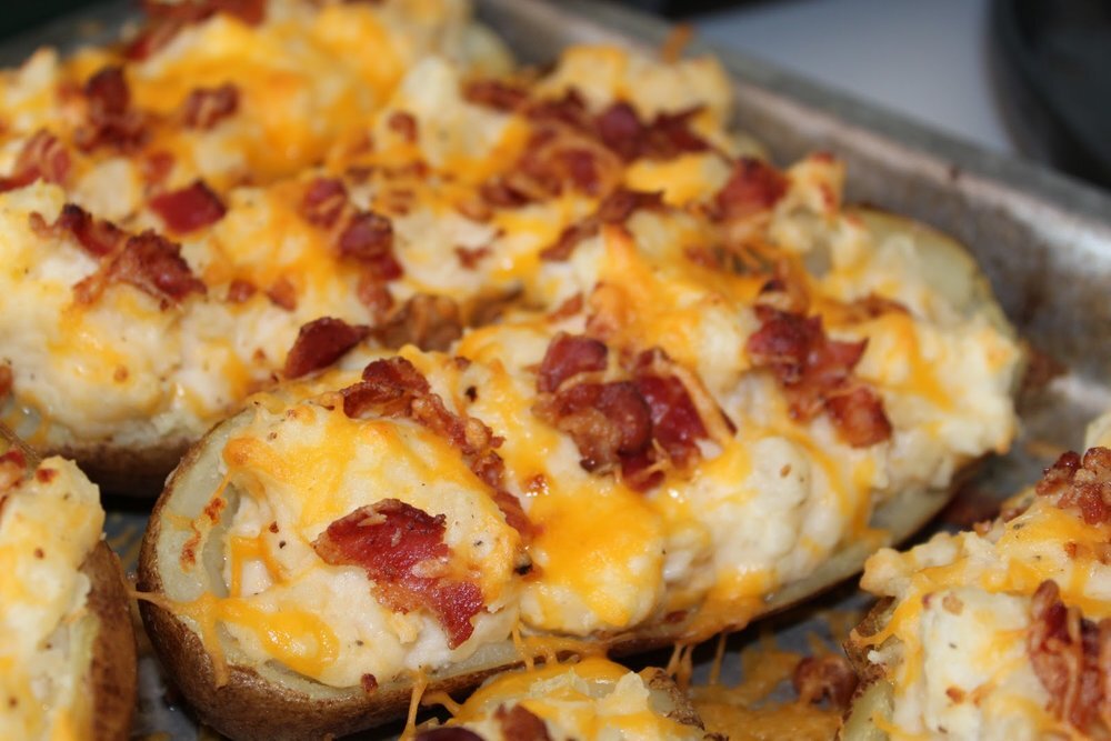 OVER-STUFFED BACON, CHEDDAR & BLACK GARLIC BAKED POTATOES