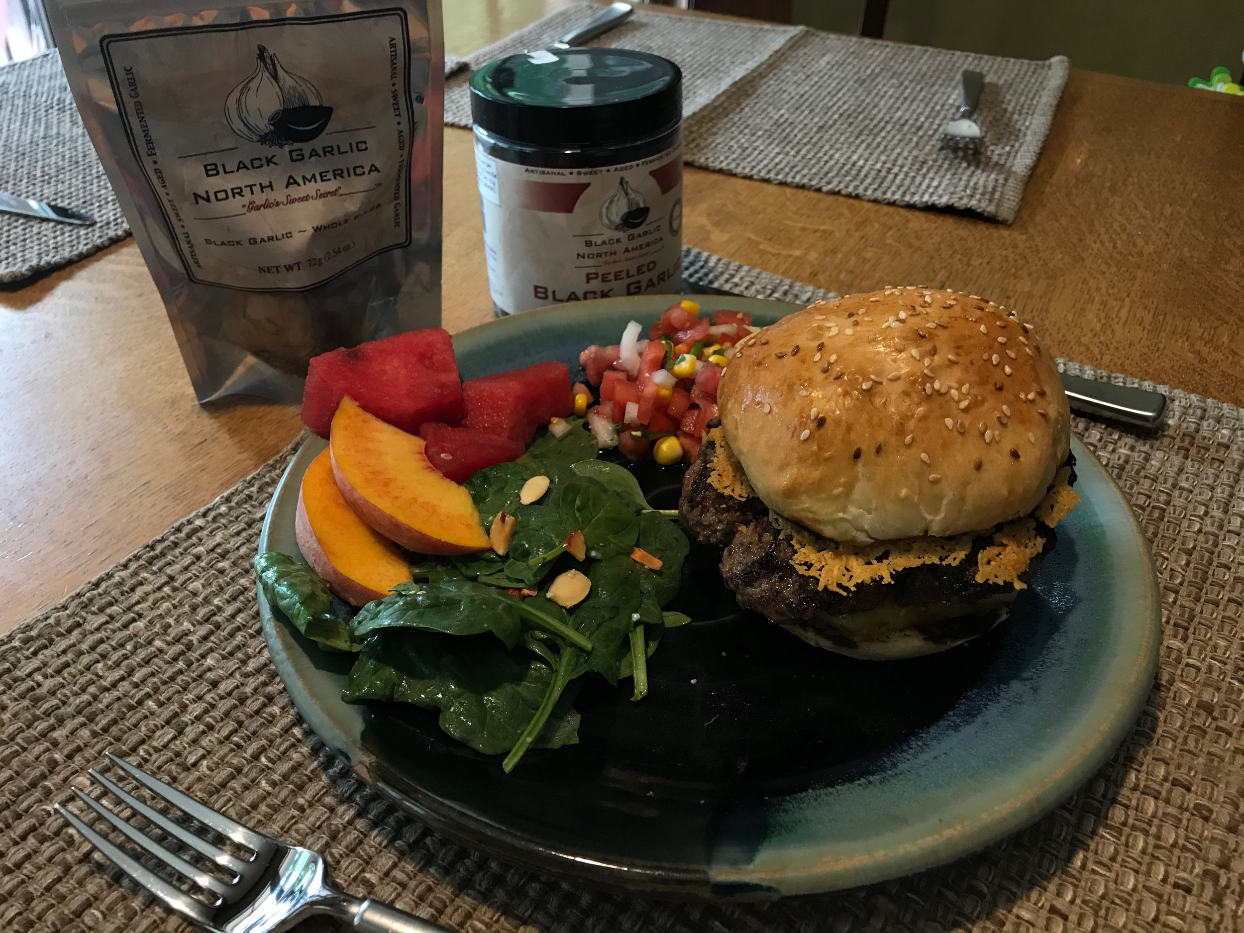 Black Garlic Burgers with Parmesan Crisps and Grilled Pineapple