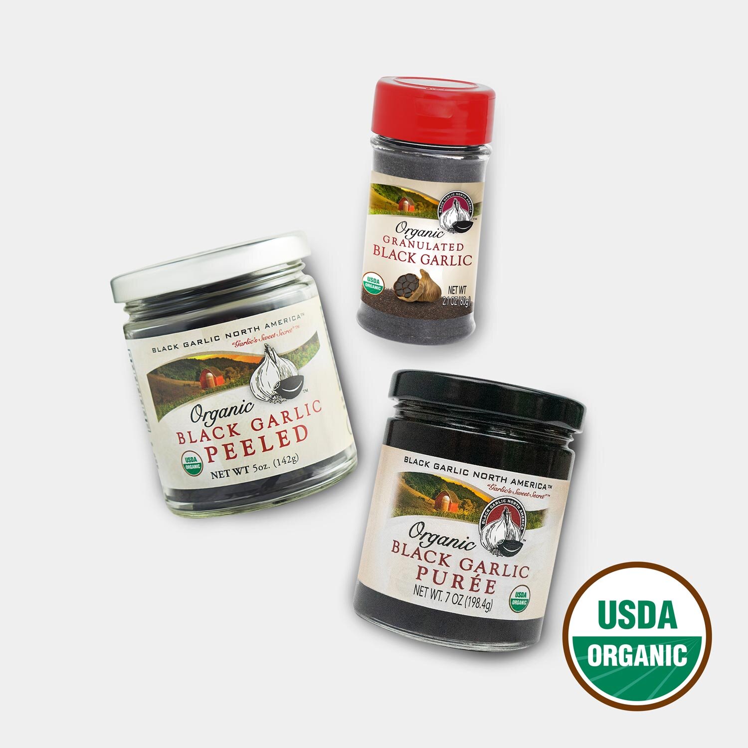 Combo: Peeled Cloves, Puree, and Black Garlic Powder